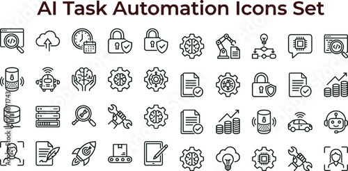 AI task automation outline vector icon set for workflow analytics dashboards interfaces monitoring productivity systems and digital technology applications