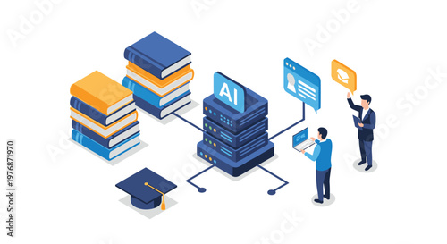 Educational artificial intelligence and machine learning concept showing people managing a server with book icons.