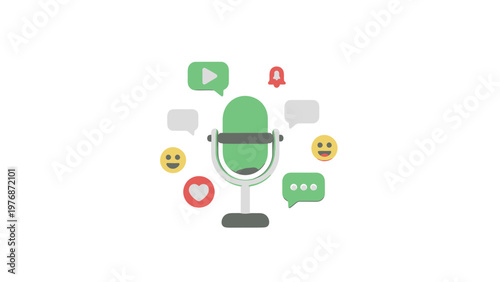 Green Microphone Surrounded by Social Media Icons, Speech Bubbles and Emojis.