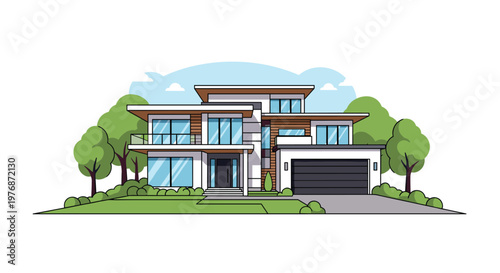 Elegant modern two-story residential house design illustration with a green front yard and contemporary facade.
