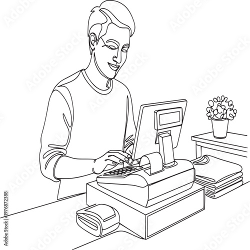Female florist using vintage cash register in cozy flower shop with potted plants