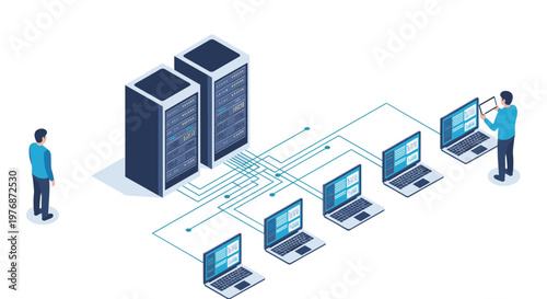Network administrators manage multiple laptops connected to powerful data center servers via high-speed connections.
