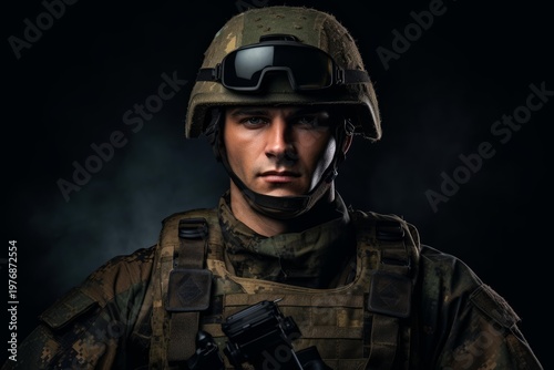 Soldier in camouflage uniform wearing helmet and ballistic vest, looking forward with copy space