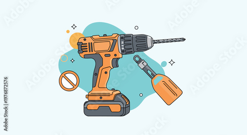 Cordless power drill and a wrench symbol on a decorative background representing professional construction tools.
