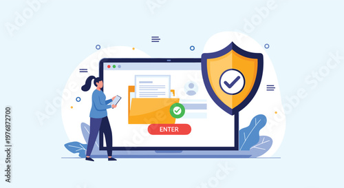 User prepares to login to a secure data portal featuring a protective shield icon and file folder on screen.