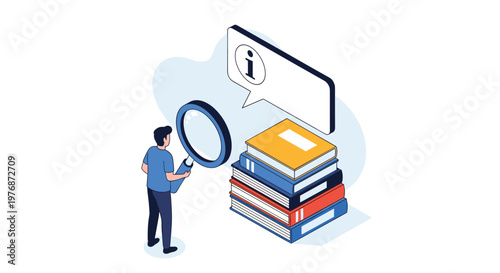 Researcher uses a magnifying glass to search for specific information within a large stack of educational books.