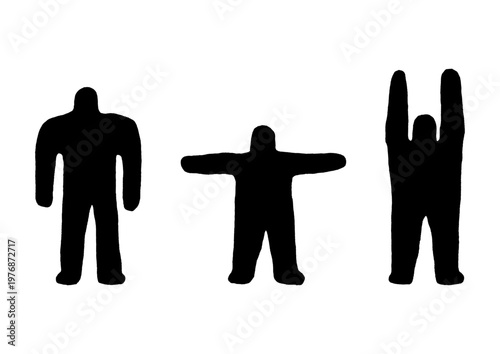 3パターンのポーズをとっている大きな人型のゆるい手描きイラスト（黒）