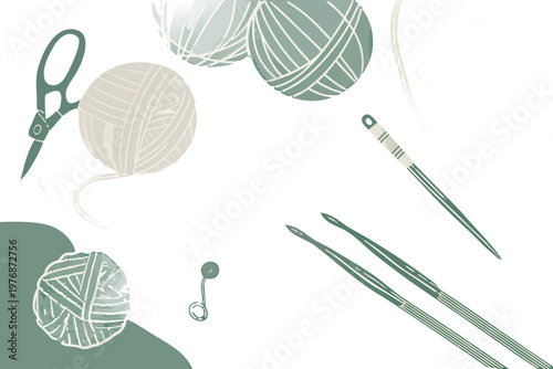 Vector set of sewing supplies including thread, needles, and yarn