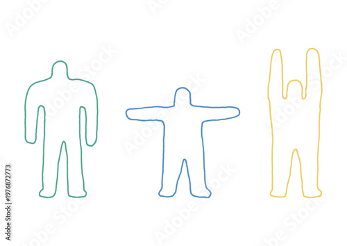 3パターンのポーズをとっている大きな人型のゆるい手描きイラスト（カラフル）