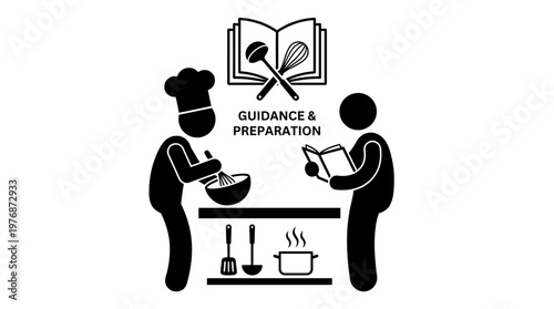 Black‑and‑white illustration of culinary guidance and preparation, showing chef and learner figures cooking with utensils, recipe book, and steaming pot.
