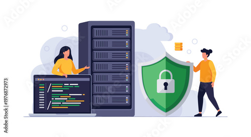 IT security team monitors a large server database protected by a robust cybersecurity shield and encrypted code.