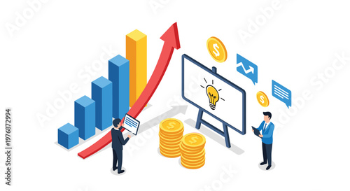 Financial consultants discuss business growth strategies using large bar charts and golden coin stacks on a whiteboard.
