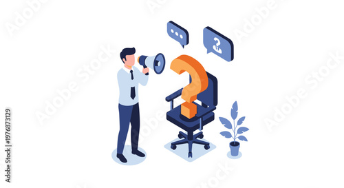 Hiring manager uses a megaphone to announce a new job vacancy represented by a question mark on an office chair.