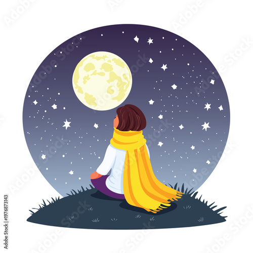 Person contemplating moon under starry night sky vector illustration