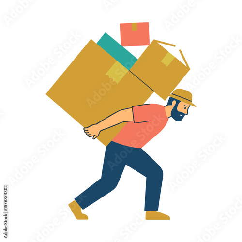 A delivery man carries heavy boxes quickly across the street outdoors.