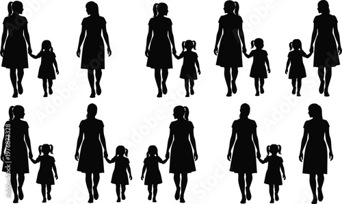 Vector Collection of Black Silhouette Mother and Daughter Figures Walking and Holding Hands in Various Poses for Family Parenting and Motherhood Graphic Design Projects.
