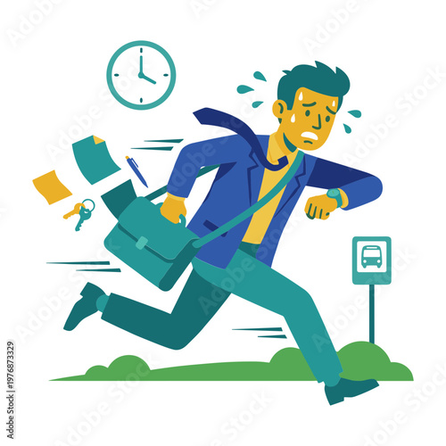 Man rushing to bus stop with briefcase and papers in hand while looking worried