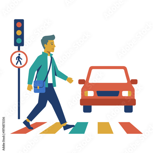 Man crossing street with car stopped at traffic light on urban road