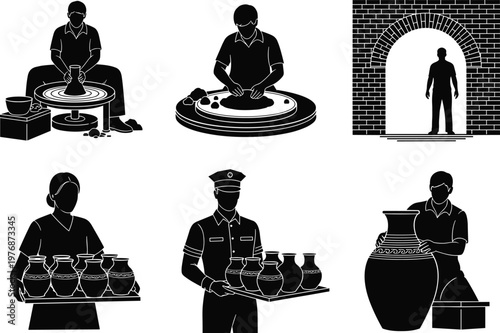 Vector Silhouette Collection of Pottery Workshop Scenes Featuring Artisans Crafting Ceramic Vases on Wheels, Carrying Trays of Finished Clay Pots, and Working in Traditional Brick Kilns.