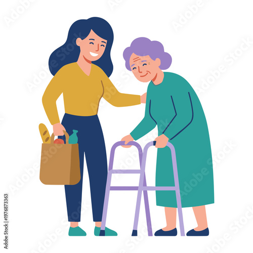 A young woman assists an elderly woman using a walker in a caring gesture indoors.