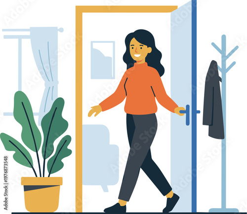 Woman enters modern living room with plant and coat rack nearby