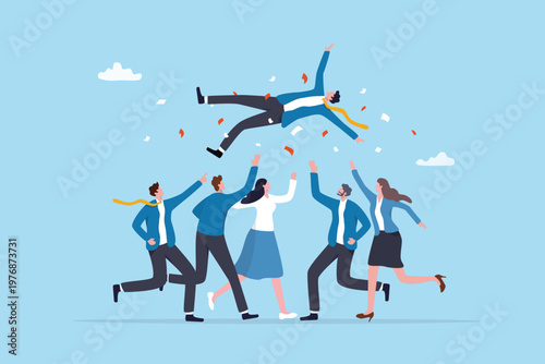 Employee achievement celebration, congratulate colleague for job promotion, team success or leadership award, winning applause manager, employees coworker celebrate or congratulate winner colleague.