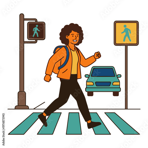 A woman crosses the street on a crosswalk with a car and traffic signs.