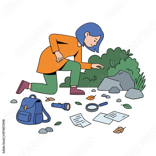 A woman searches outside near rocks and bushes with a backpack.