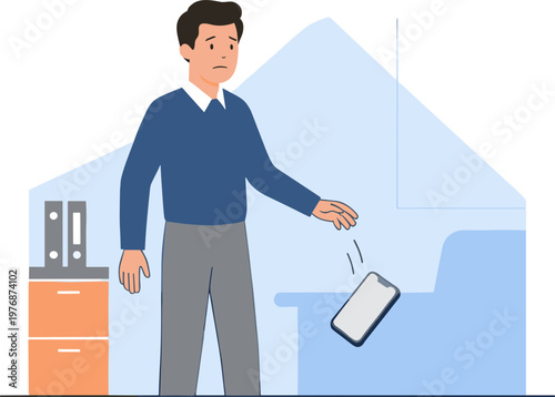 Man throwing phone in office with computer and furniture