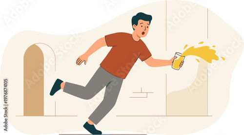 Man runs quickly through a doorway spilling yellow liquid from a bottle.