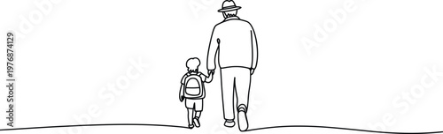 Grandfather and child walking together holding hands on a path