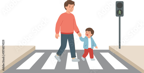 A man and a child crossing the road at a pedestrian crossing