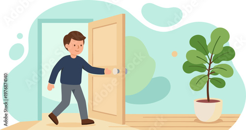 Man entering room with plant on floor beside him