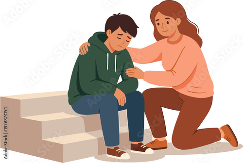 Woman comforts man sitting on stairs with supportive gesture indoors