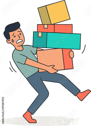 Man struggles to carry heavy stack of colorful boxes quickly