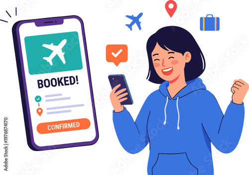 Woman excitedly checks phone with booked travel plans on screen
