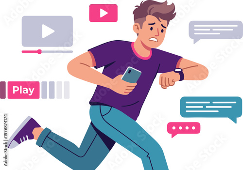 Man runs quickly while chatting on phone with video icons around him