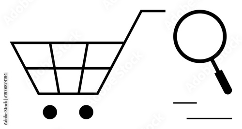 Online shopping concept. Shopping cart symbol with magnifying glass emphasizing product searching in e-commerce. Online shopping streamlines searches and purchases. For retail, e-commerce, tech apps