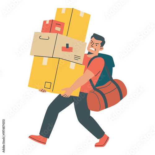 Man carrying large boxes and backpack walking quickly outside