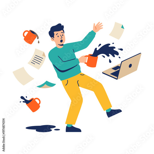 Man spills coffee on laptop and papers while falling in office