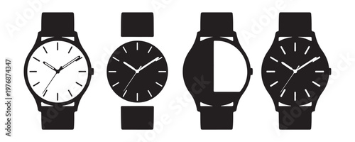 Set of four black wrist watch icons with different styles and details on transparent background, vector illustration.
