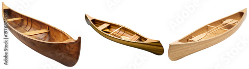 Photography Three beautifully crafted wooden canoes of various designs and wood tones, isolated as 3D renders