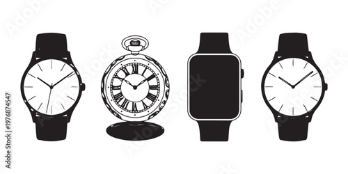 Assorted watch types including wristwatch pocket watch and smartwatch in silhouette on grid.