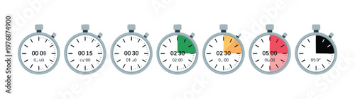 Set of stopwatch icons showing different time intervals like 00:00, 00:15, 00:30, 02:30, 05:00, 05:00.