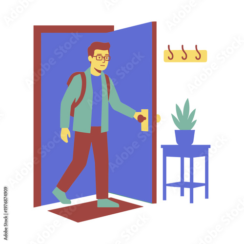 Man entering home with backpack on, holding door handle, standing on mat, with plant nearby