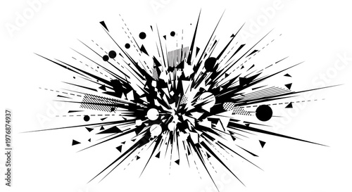 Explosion of abstract shapes and lines creating a dynamic, chaotic burst of energy and movement, representing a powerful artistic concept