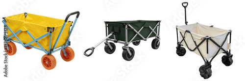 Tableau sur toile A versatile collection of three collapsible utility wagons in different colors, isolated on transparent background