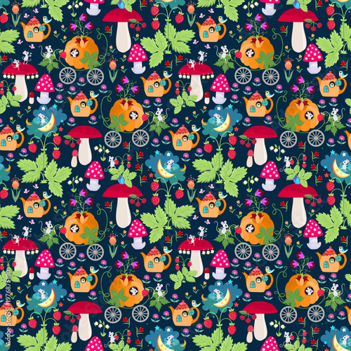 Childish seamless pattern with funny mice, pumpkin carriages, teapot houses, strawberry bushes, mushrooms and flowers, Colorful print for fabric and textile.