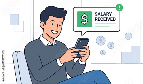 Man receives salary notification on phone in office