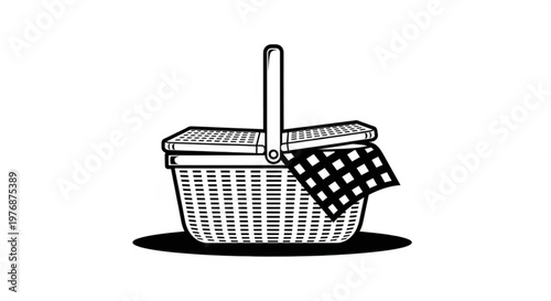 Wicker picnic basket with checkered cloth illustration